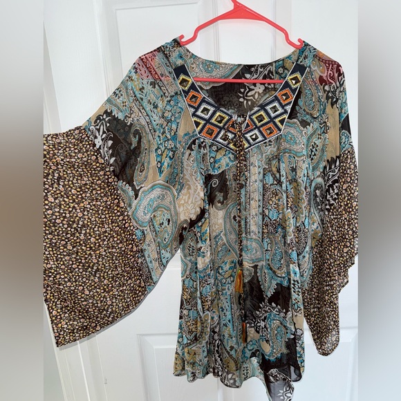M by MKalan Tops - Graphic Blue and Brown Bell Sleeve Tunic